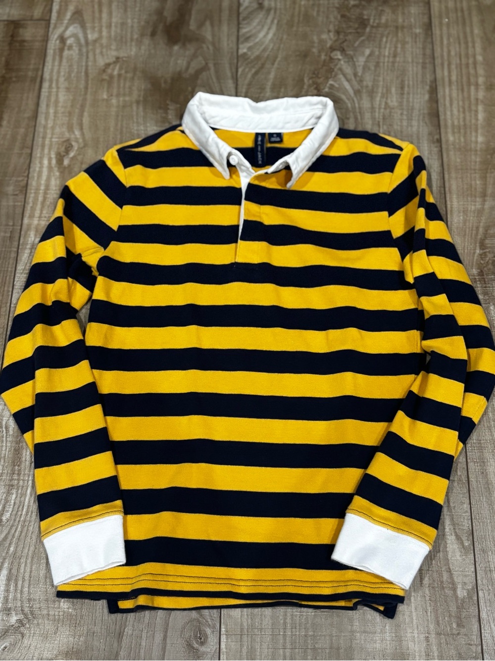 Janie and Jack Kid’s Yellow and Navy Striped Rugby Polo with White Collar